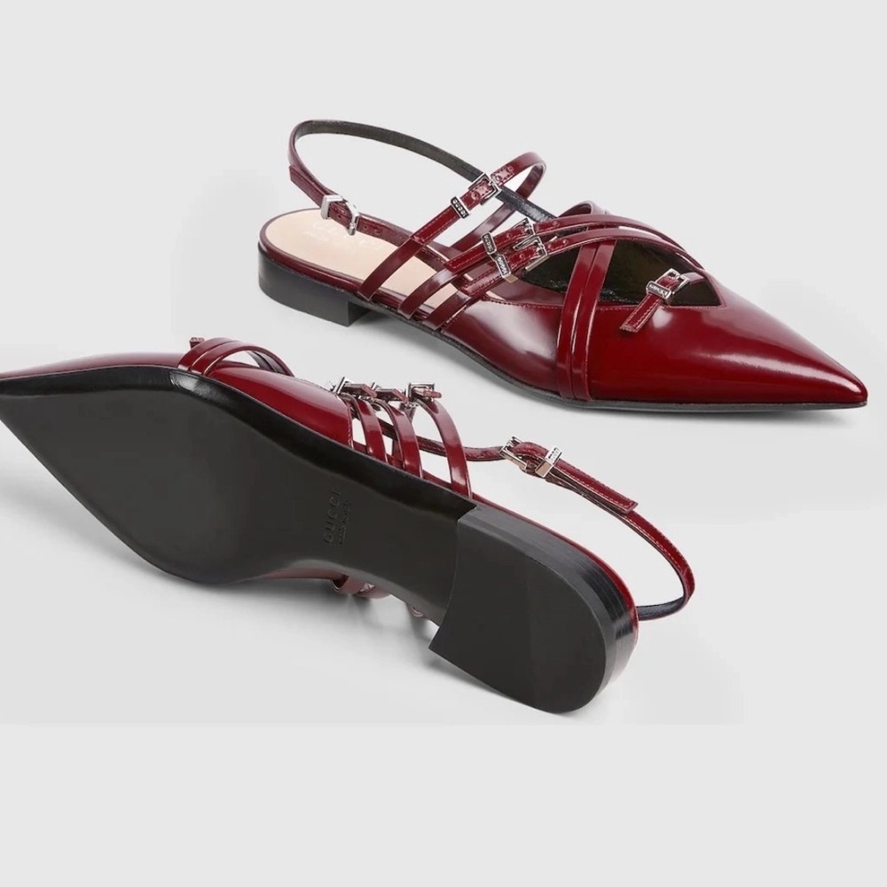 Gucci Seraphine Burgundy Leather Strappy Flat Slingback Shoe sz 37.5 New in Box - Picture 5 of 15